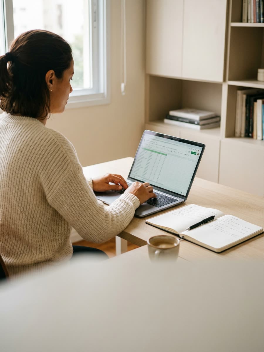 Mulher estudando as próprias finanças em casa, com laptop e caderno