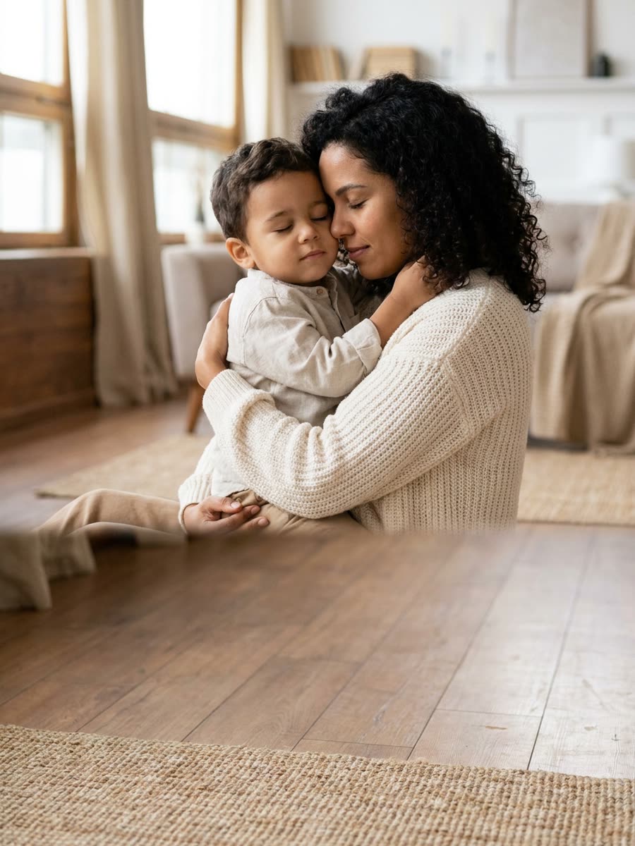 Mãe abraçando o filho pequeno na sala de casa
