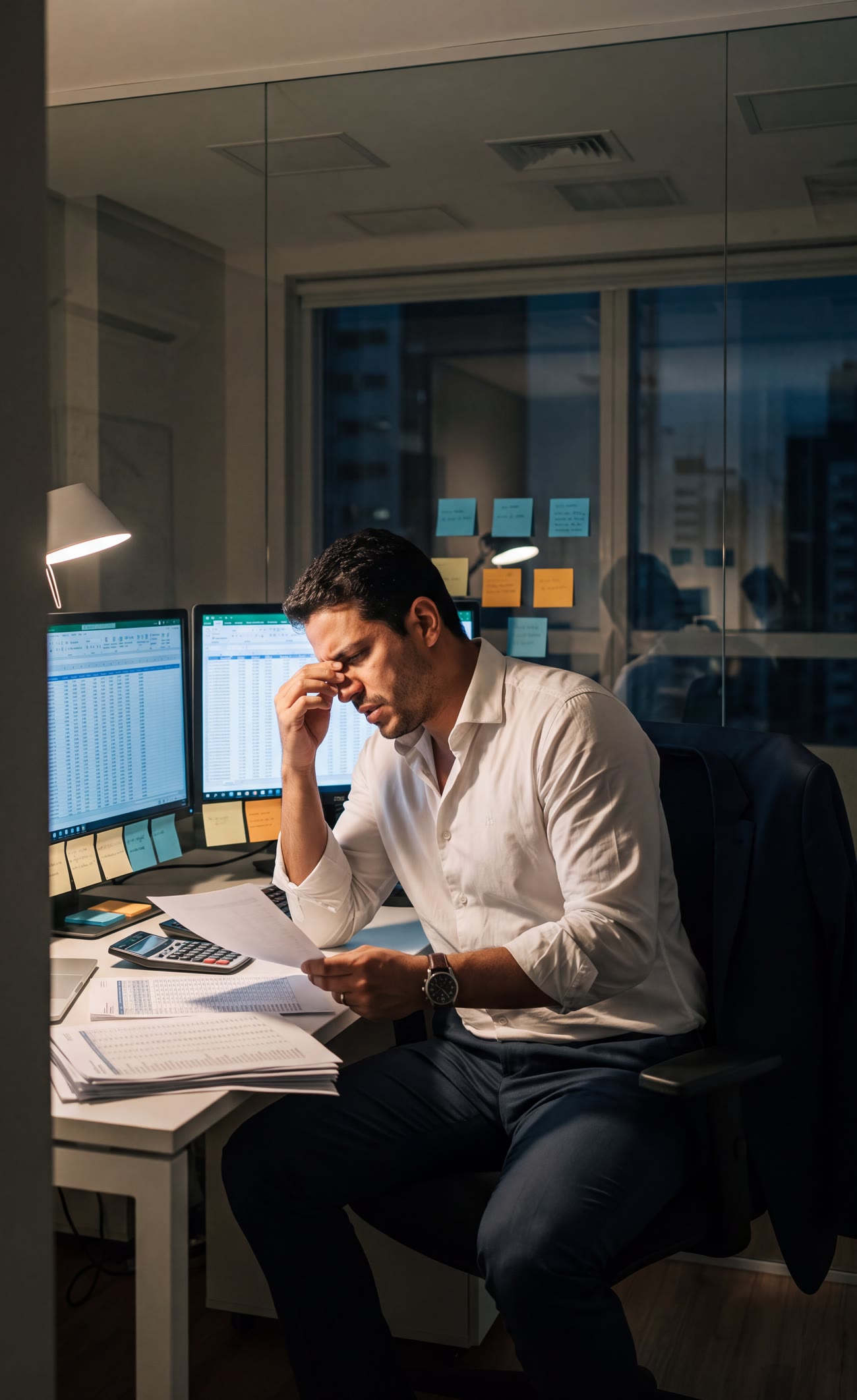 Consultor conferindo planilhas impressas à mão, tarde da noite