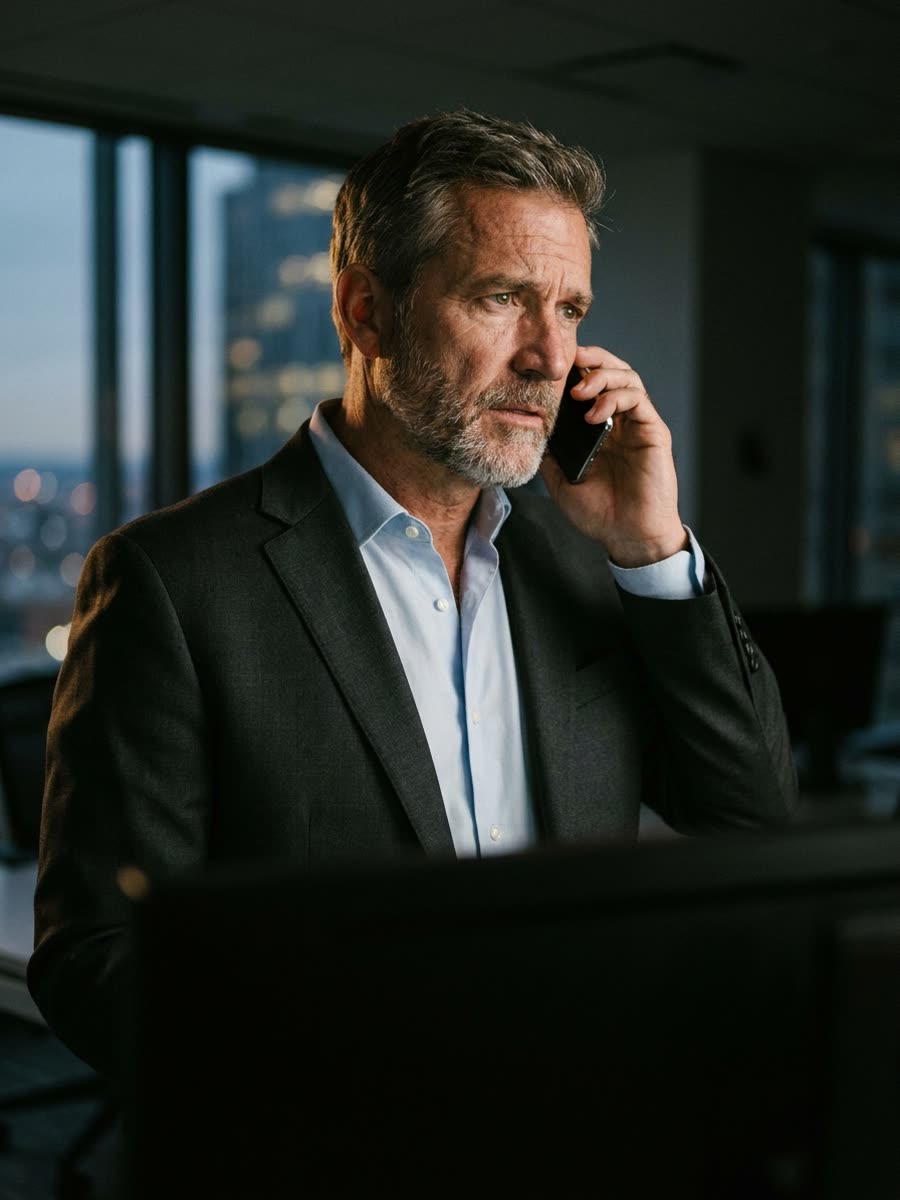 Consultor de investimentos experiente ao telefone em um escritório no fim do dia