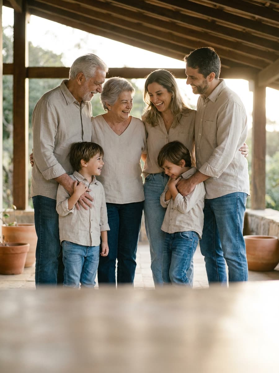 Três gerações de uma família reunidas ao ar livre no fim da tarde