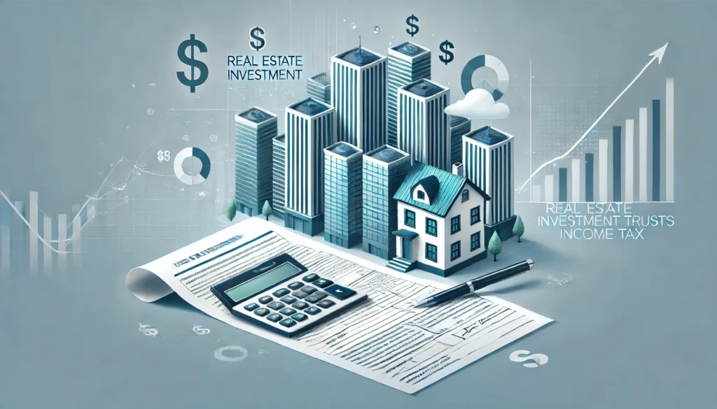 DALL·E 2024 10 04 17.17.10 A professional horizontal image representing how to declare Real Estate Investment Trusts FIIs in Income Tax. The image features a modern cityscape